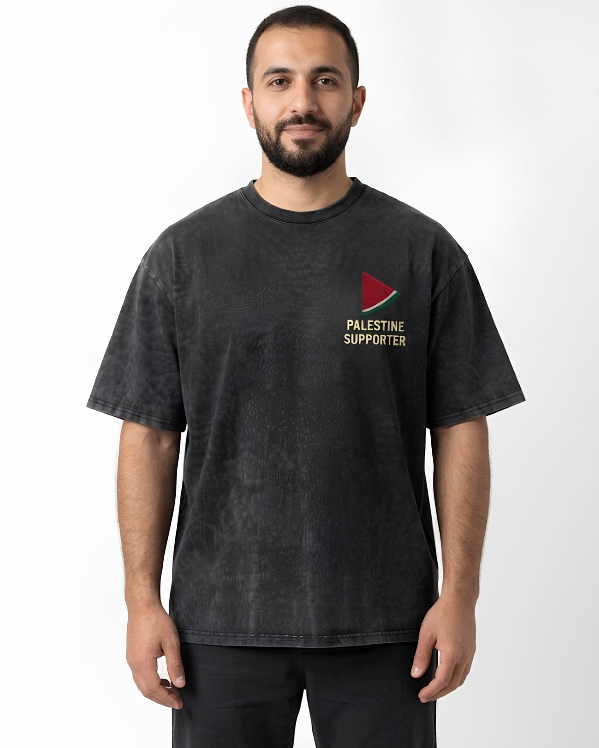 Free Palestine Vintage Washed Oversized T-Shirt – Smoked Graphic & Watermelon Emblem