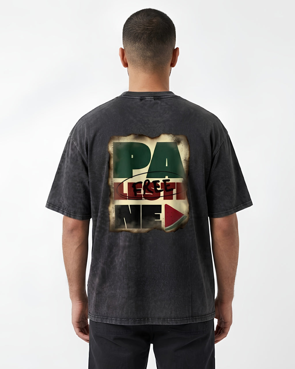 Free Palestine Vintage Washed Oversized T-Shirt – Smoked Graphic & Watermelon Emblem