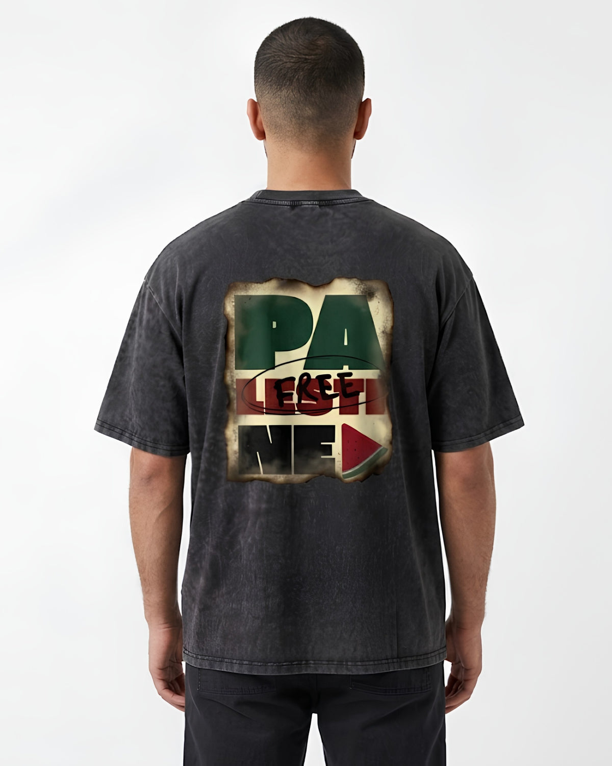 Free Palestine Vintage Washed Oversized T-Shirt – Smoked Graphic & Watermelon Emblem