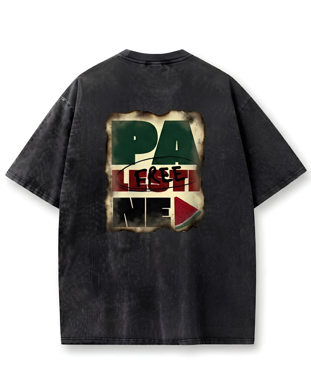 Free Palestine Vintage Washed Oversized T-Shirt – Smoked Graphic & Watermelon Emblem