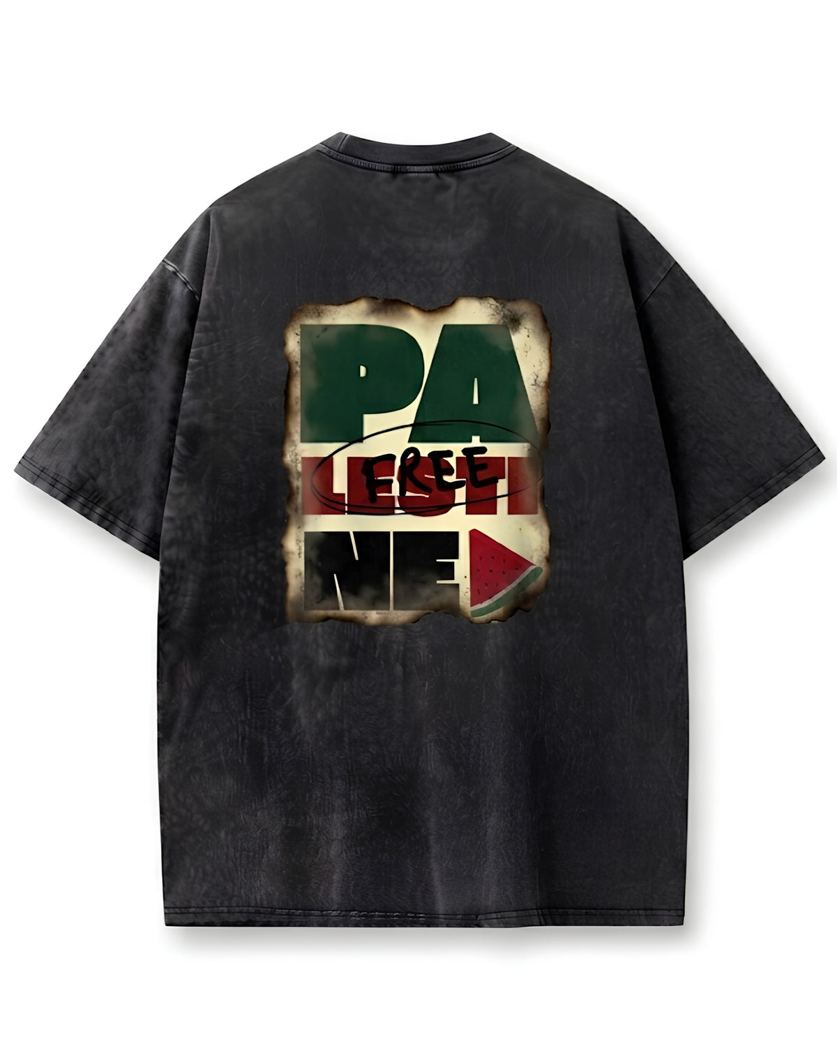 Free Palestine Vintage Washed Oversized T-Shirt – Smoked Graphic & Watermelon Emblem