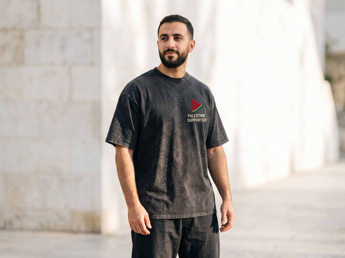 Free Palestine Vintage Washed Oversized T-Shirt – Smoked Graphic & Watermelon Emblem