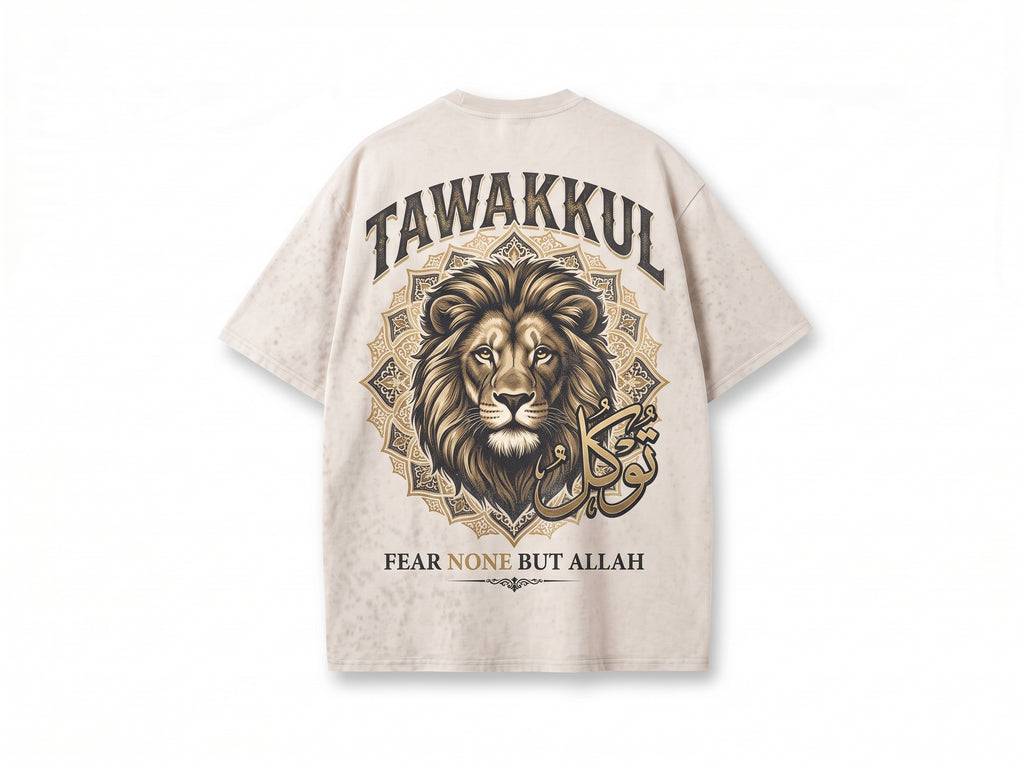 TAWAKKUL Lion & Arabic Calligraphy Oversized T-Shirt – Vintage Sand Heavyweight Tee