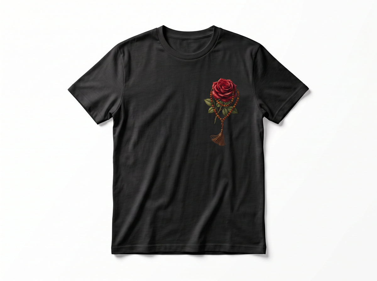 Rose & Prayer Beads" Minimalist Chest Graphic Tee – Essential Heavyweight Cotton