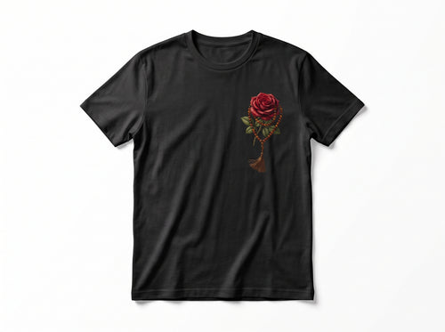Rose & Prayer Beads" Minimalist Chest Graphic Tee – Essential Heavyweight Cotton