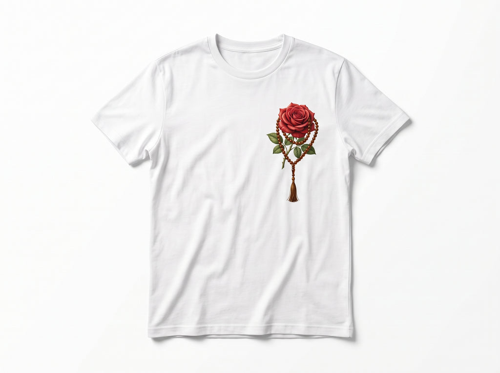 Rose & Prayer Beads" Minimalist Chest Graphic Tee – Essential Heavyweight Cotton
