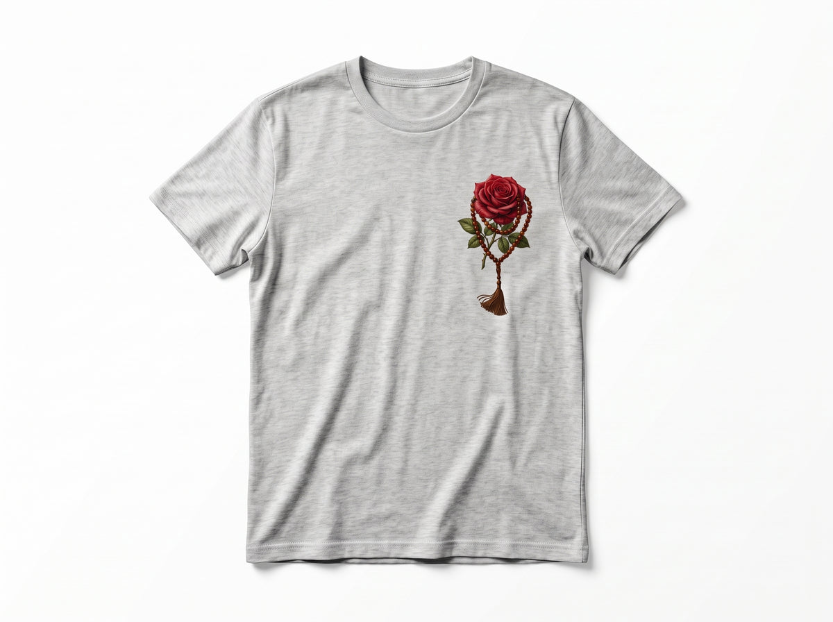 Rose & Prayer Beads" Minimalist Chest Graphic Tee – Essential Heavyweight Cotton
