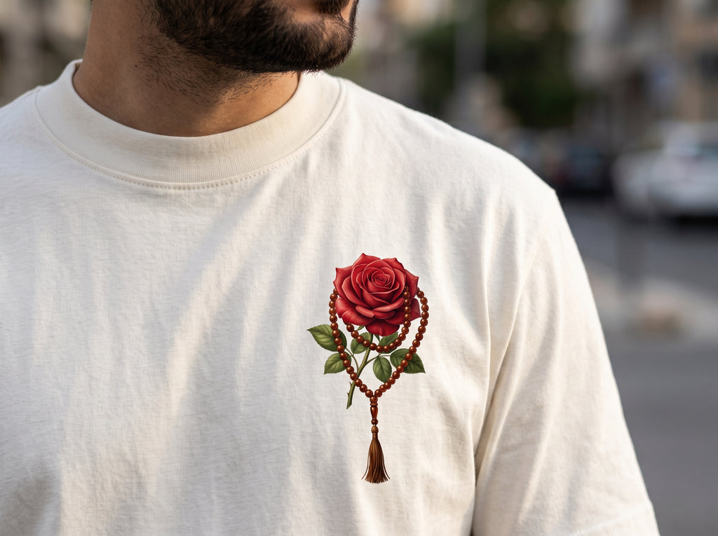 Rose & Prayer Beads" Minimalist Chest Graphic Tee – Essential Heavyweight Cotton