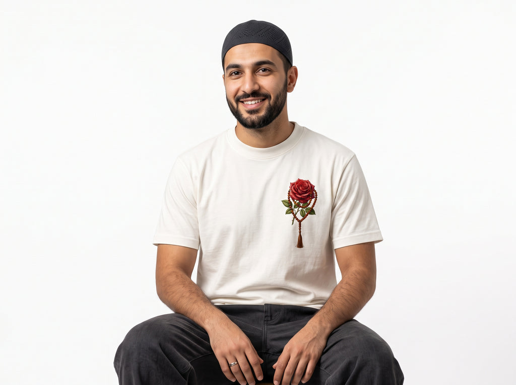 Rose & Prayer Beads" Minimalist Chest Graphic Tee – Essential Heavyweight Cotton