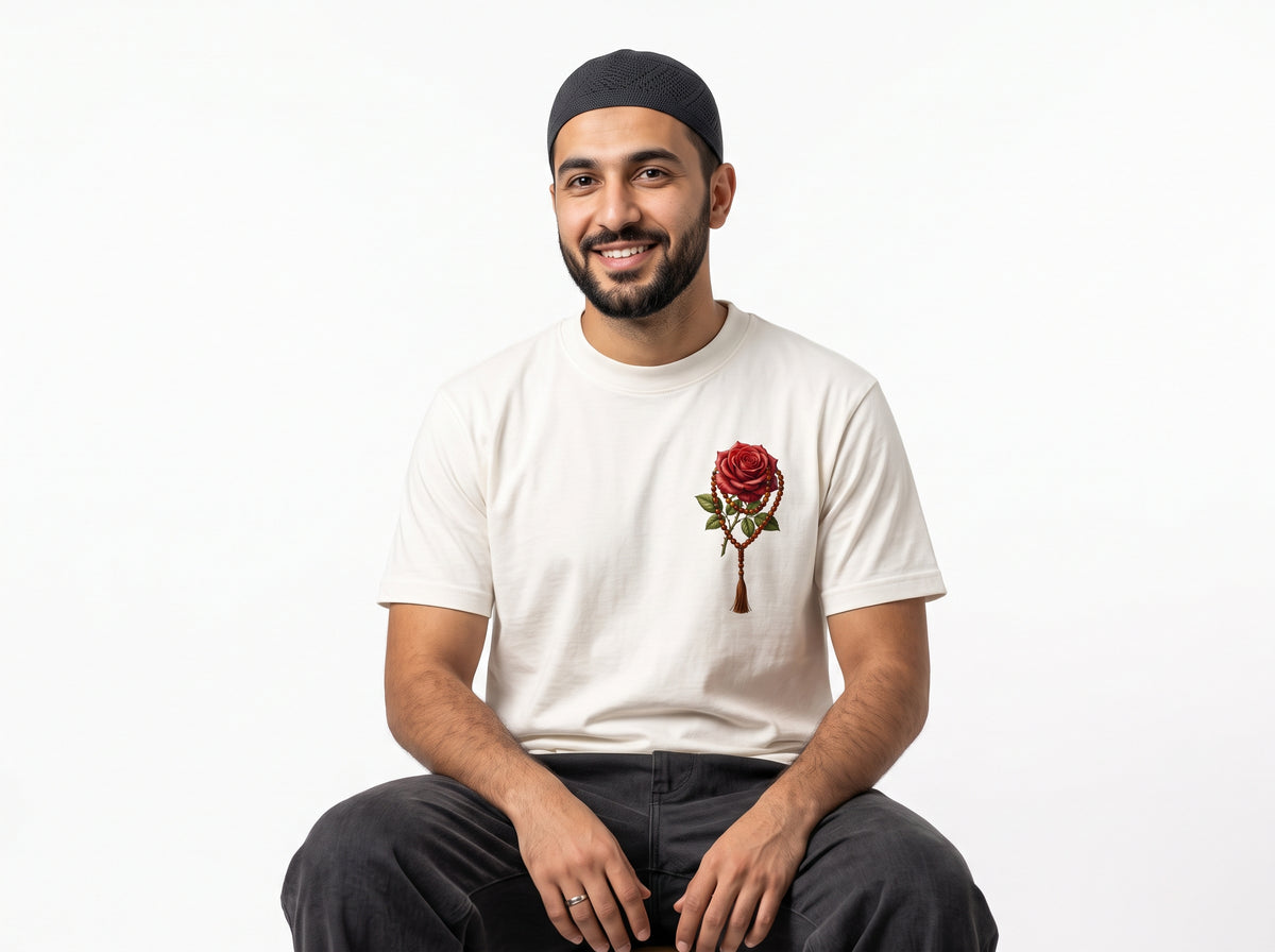 Rose & Prayer Beads" Minimalist Chest Graphic Tee – Essential Heavyweight Cotton