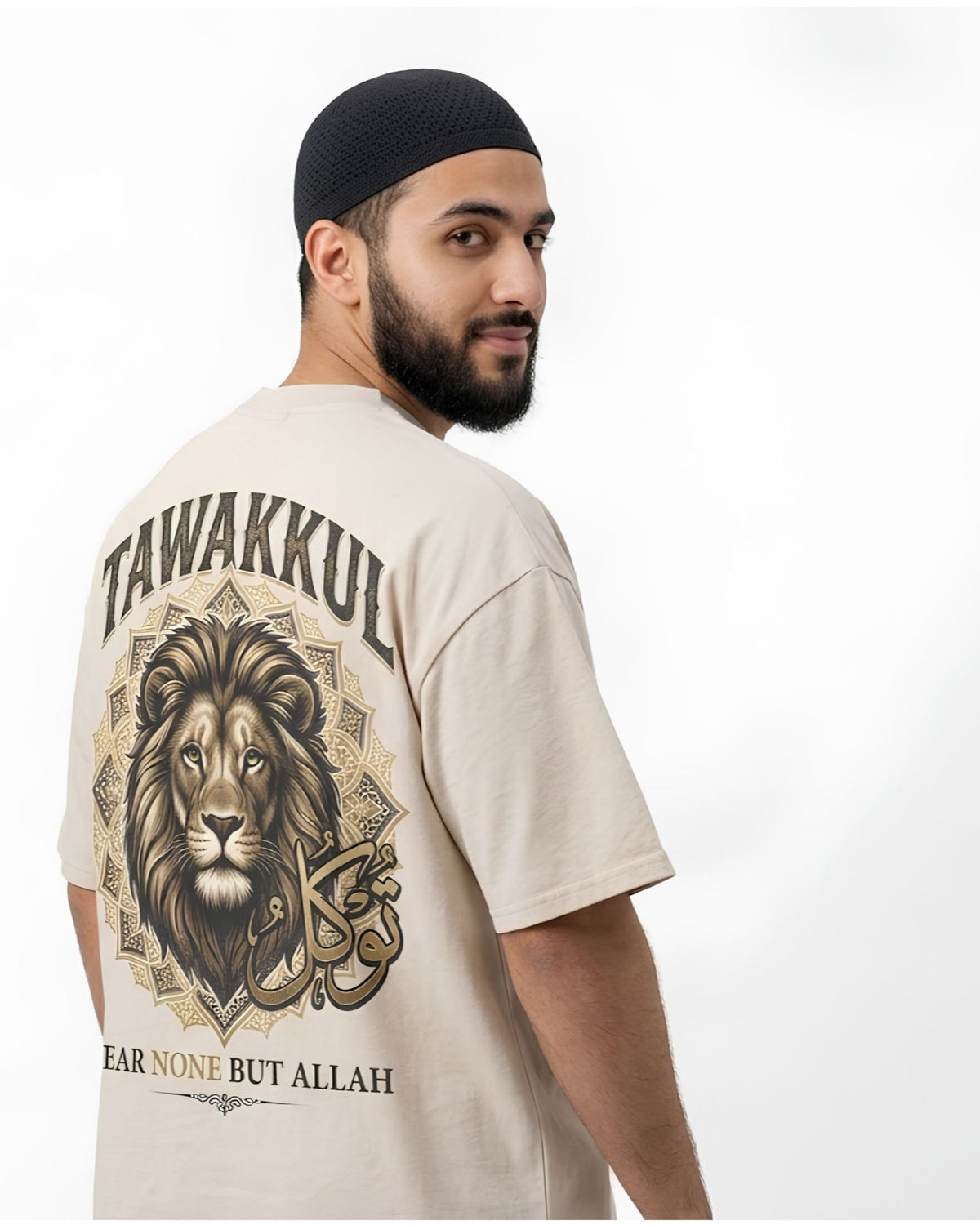 TAWAKKUL Lion & Arabic Calligraphy Oversized T-Shirt – Vintage Sand Heavyweight Tee