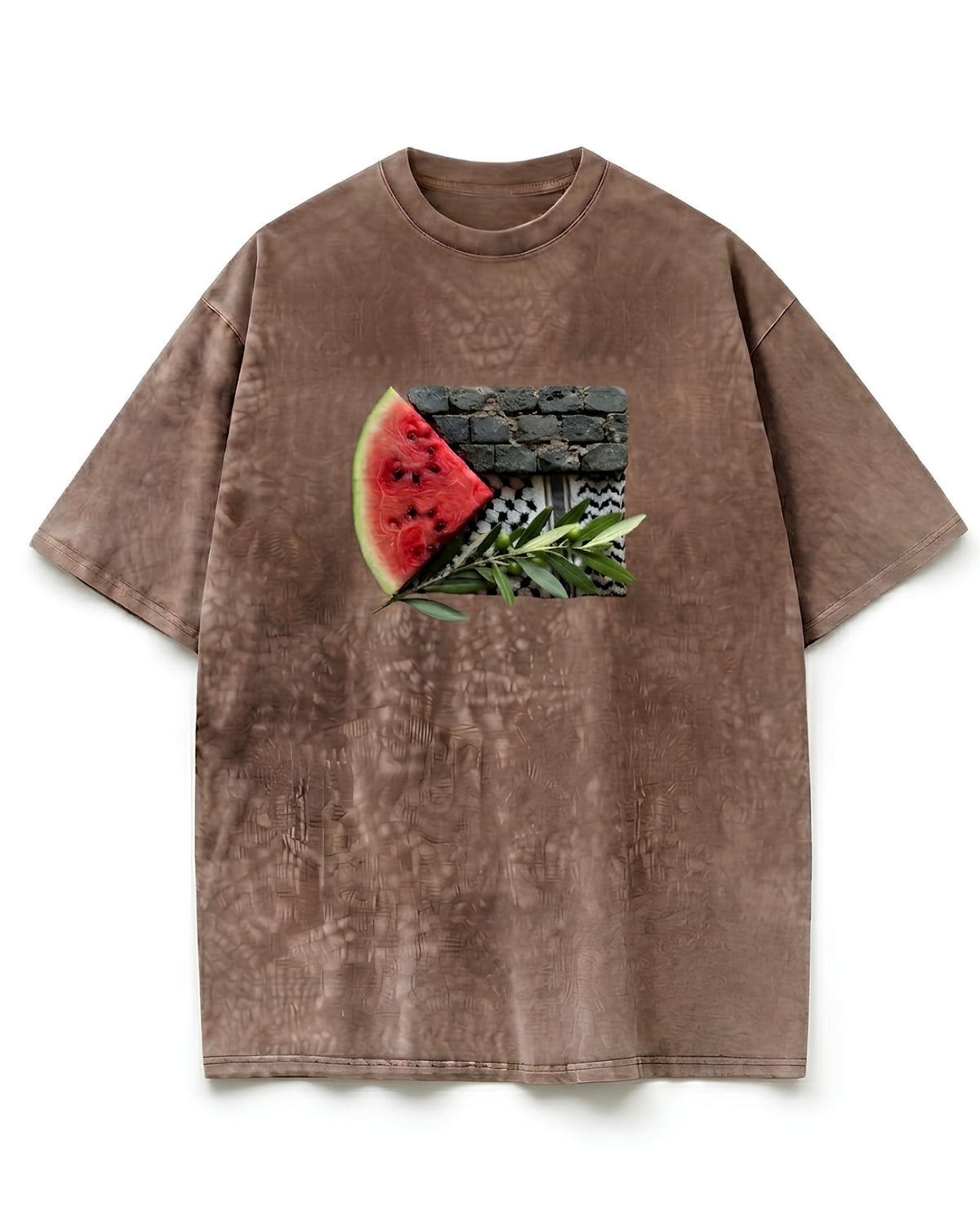 Palestine Solidarity Oversized T-Shirt – Realistic Palestinian Flag Symbols on Brown Acid Wash Tee