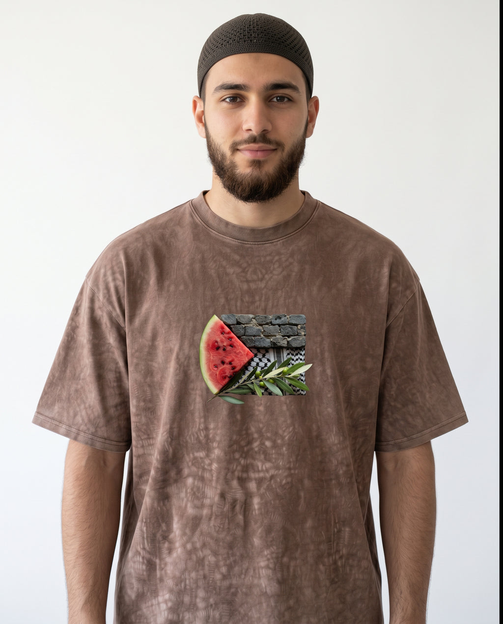 Palestine Solidarity Oversized T-Shirt – Realistic Palestinian Flag Symbols on Brown Acid Wash Tee